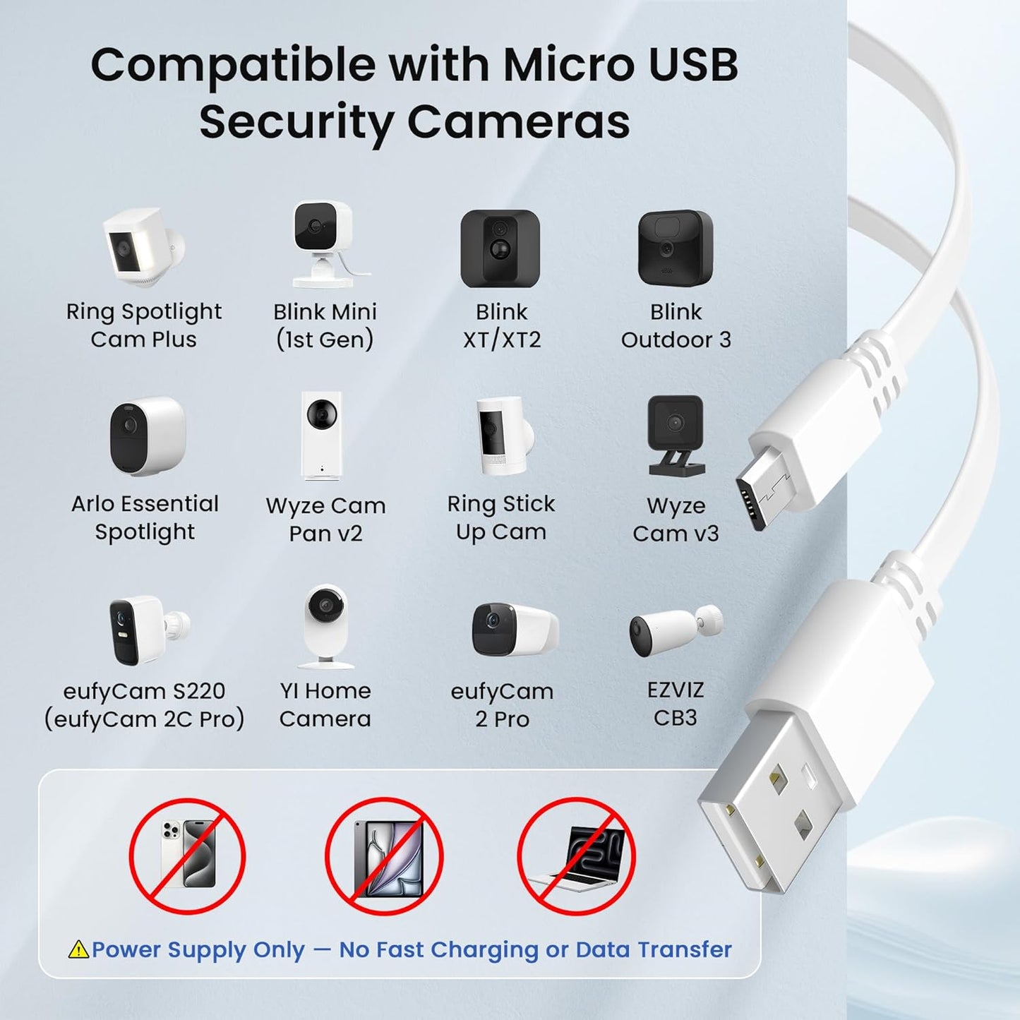 20FT Micro USB Extension Cable (2-Pack) - Flat USB to Micro Long Charging Power Extender for Security Cameras, Compatible with Blink Mini/Xt2/Outdoor 3, Wyze Cam V4/Og, Eufy, and Ring Spotlight Plus