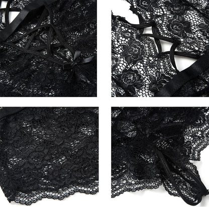 Women’s Lace Bodysuit with Deep V Neck and Dobby Mesh - Teddy Lingerie in Black, Size M