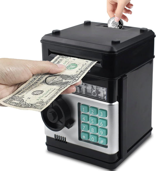 Electronic Password Code Piggy Bank for Kids - ATM Style Coin Bank for Boys and Girls (Black)