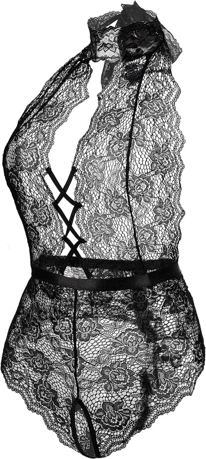 Women’s Lace Bodysuit with Deep V Neck and Dobby Mesh - Teddy Lingerie in Black, Size M