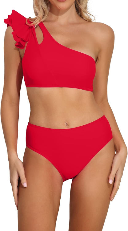 Women's One Shoulder Bikini Top with High-Waisted Bottom Two-Piece Swimsuit