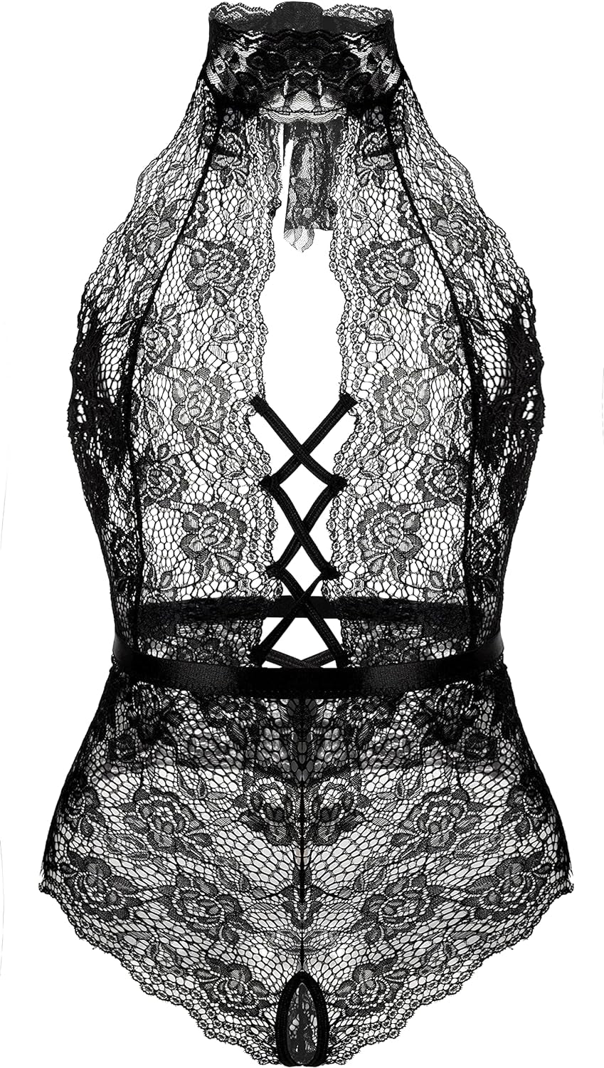 Women’s Lace Bodysuit with Deep V Neck and Dobby Mesh - Teddy Lingerie in Black, Size M
