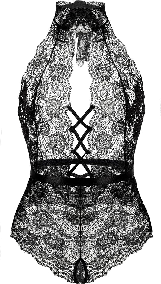 Women’s Lace Bodysuit with Deep V Neck and Dobby Mesh - Teddy Lingerie in Black, Size M