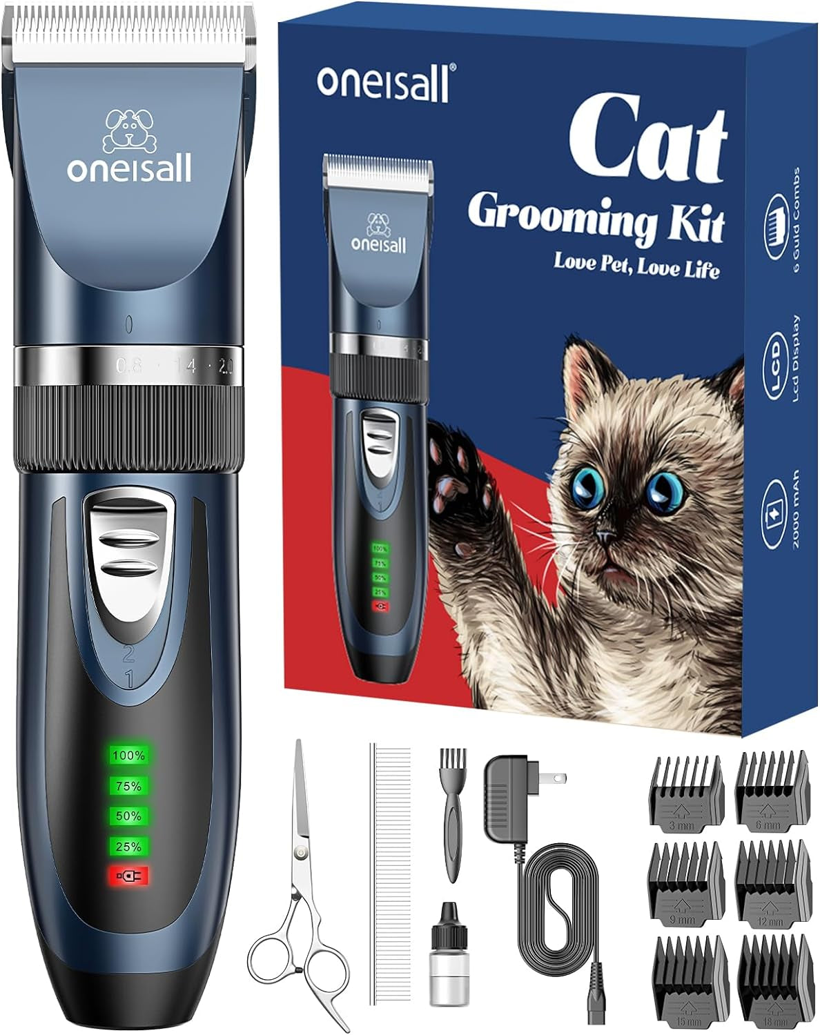 Cordless Pet Grooming Kit for Cats and Small Dogs - Quiet 2-Speed Clippers for Matted and Long Hair (Blue)