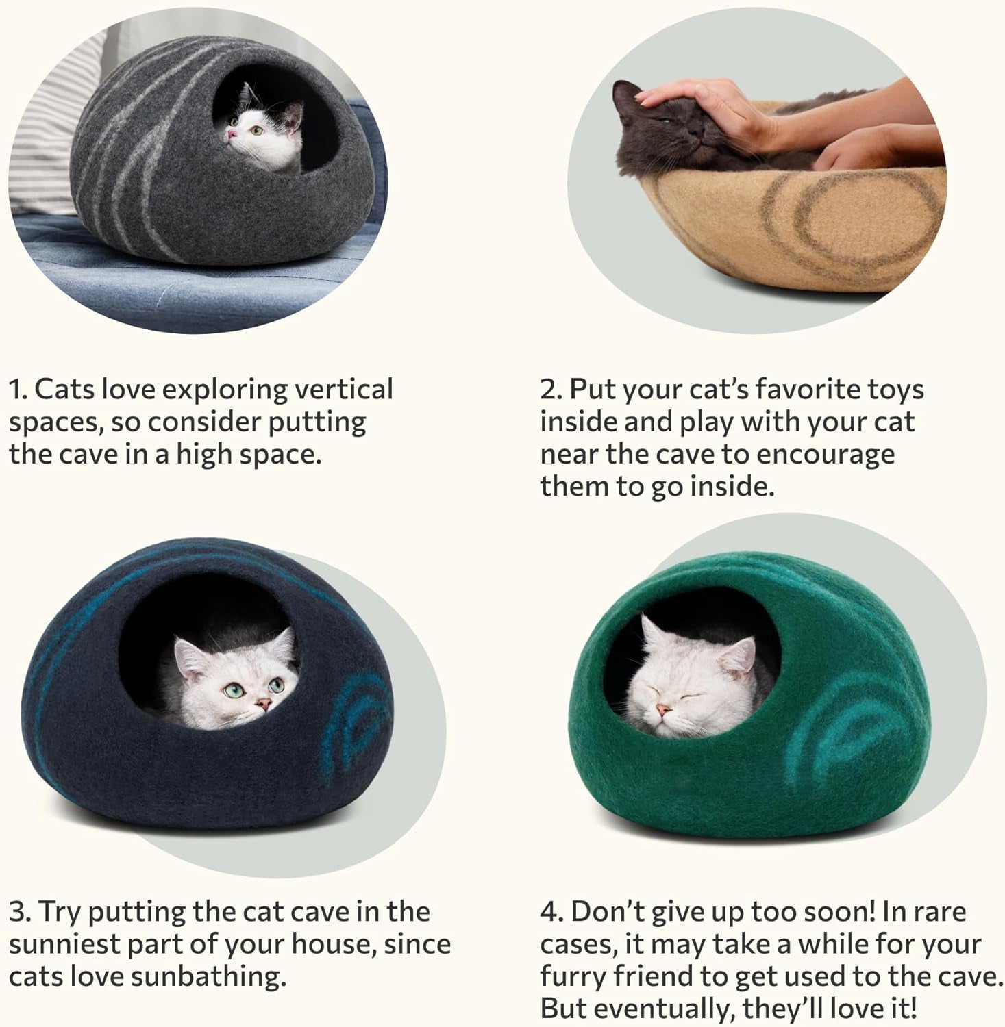 Premium Felt Cat Cave - Handmade Merino Wool Cat Bed for Indoor Use (Light Grey, Medium)