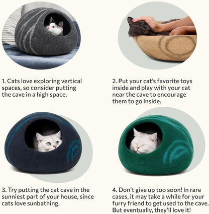 Premium Felt Cat Cave - Handmade Merino Wool Cat Bed for Indoor Use (Light Grey, Medium)