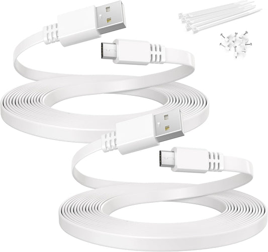 20FT Micro USB Extension Cable (2-Pack) - Flat USB to Micro Long Charging Power Extender for Security Cameras, Compatible with Blink Mini/Xt2/Outdoor 3, Wyze Cam V4/Og, Eufy, and Ring Spotlight Plus