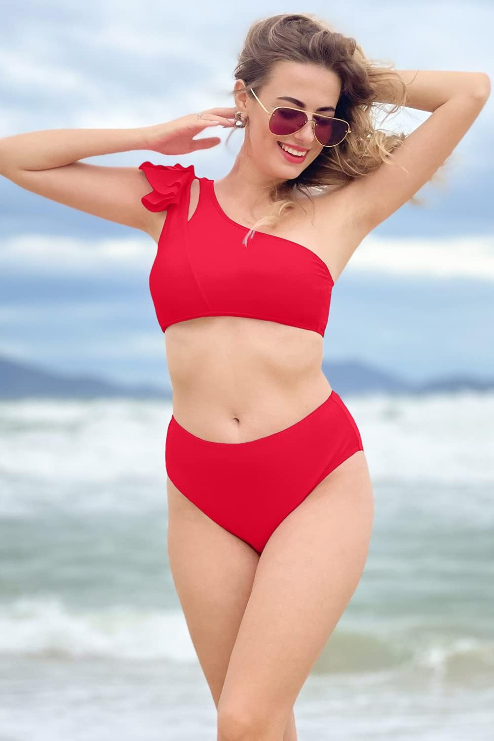 Women's One Shoulder Bikini Top with High-Waisted Bottom Two-Piece Swimsuit